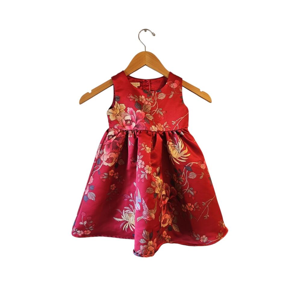 Monsoon red gorgeous lined floral sleeveless dress toddler girls sz 2/3 K38